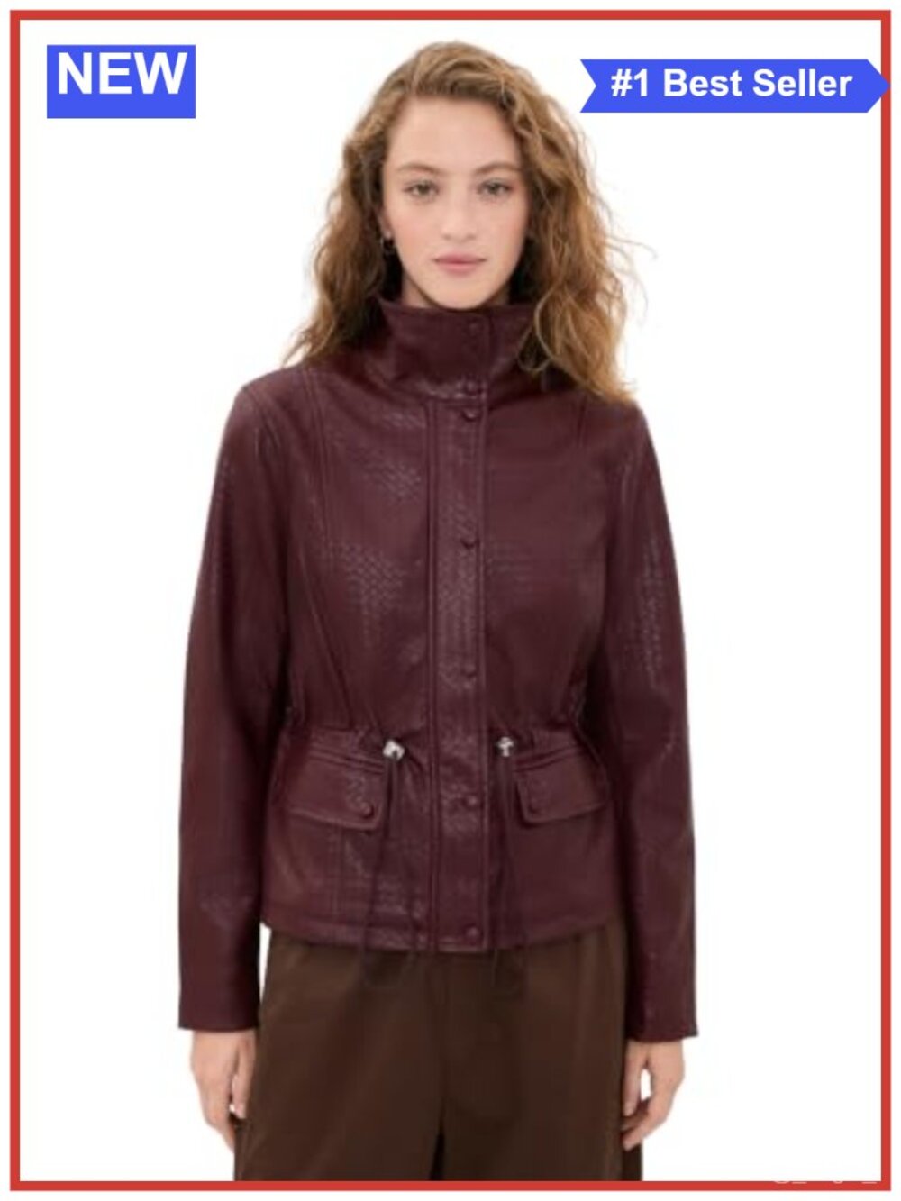 Faux Leather Basketweave Cropped Anorak Jacket Snap Zip Utility